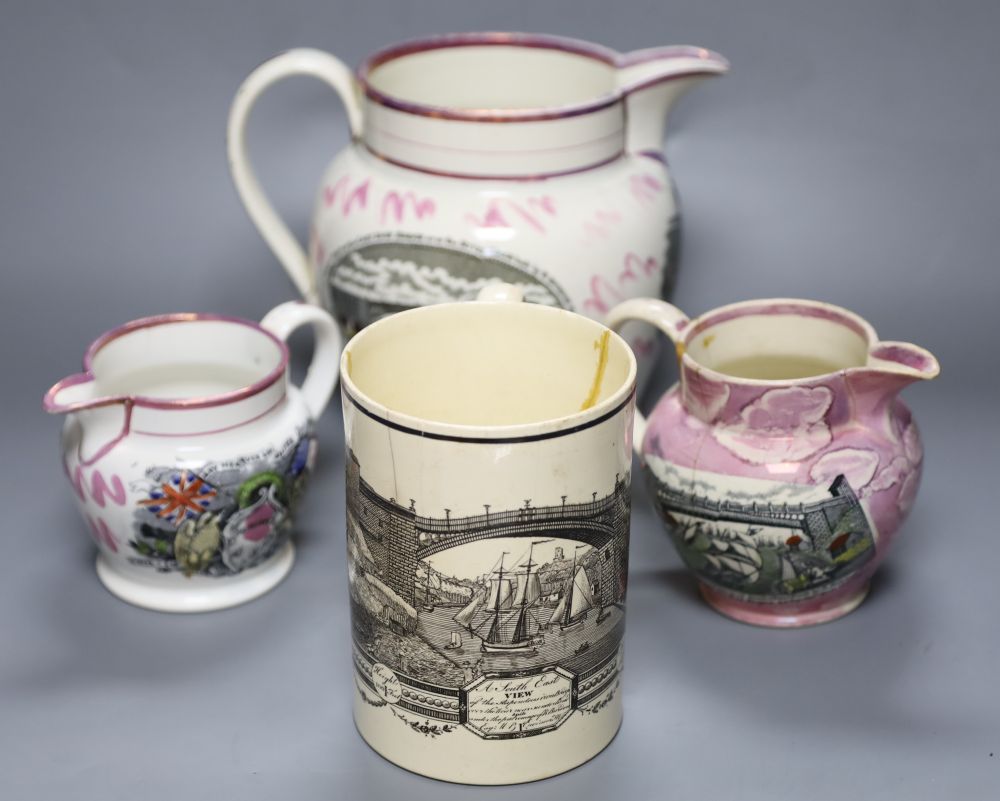 Three Sunderland pink lustre Pearlware jugs and a Sunderland Bridge creamware mug, tallest 19cm